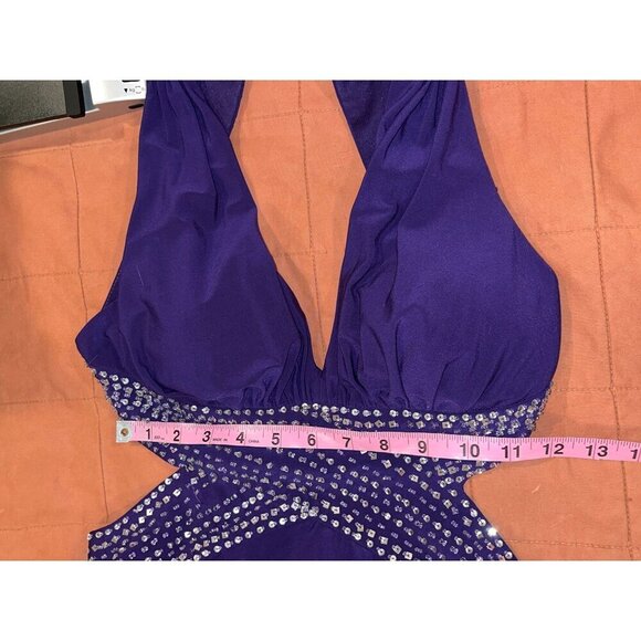 Betsy & Adam Purple Metallic Halter Formal Evening Dress Gown Women's Size 0 - Picture 11 of 15